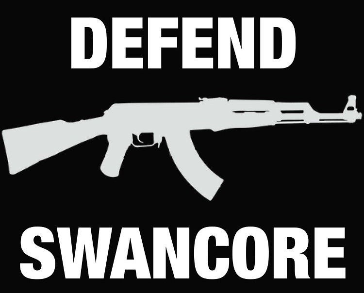an image of a rifle with text that says 'defend swancore' surronding it